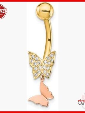 14K Gold Double CZ Butterfly Dangle Belly Ring Body Jewelry